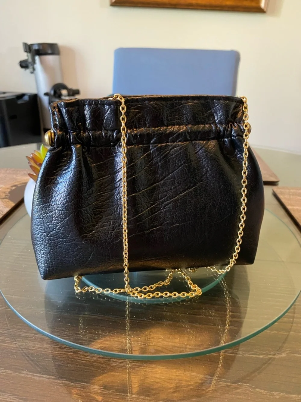 Vintage 60s Black Vinyl Clutch: Monogrammed Chain Handle Purse